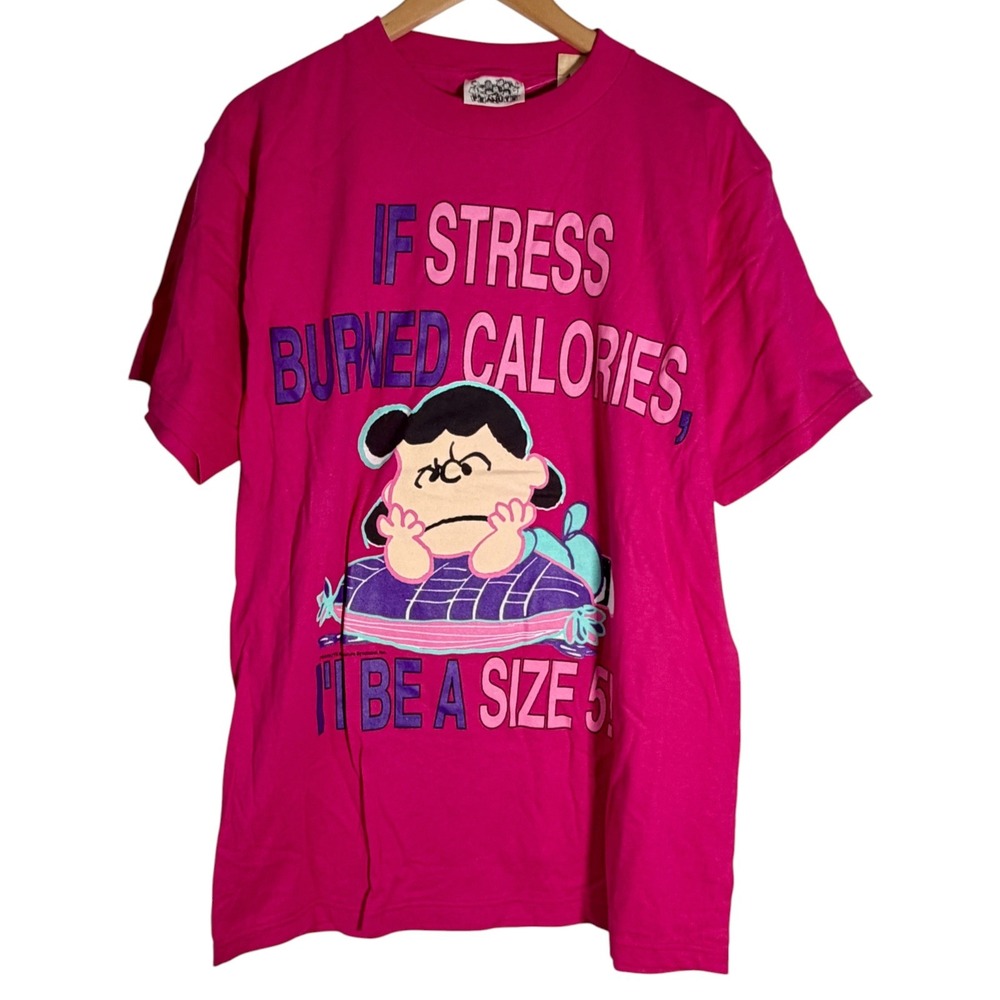 NEW Vintage 90's Peanuts Lucy If Stress Burned Calories T Shirt Pink Large
